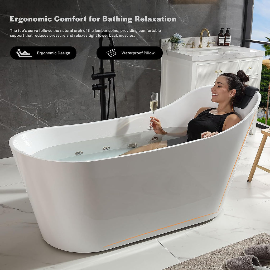 Empava Upgrade Acrylic Whirlpool Bathtub, 67-Inch Freestanding Gracefully Oval Shaped Jetted Bathtub with Healing Chromotherapy, 16 Hydromassage Jets, Single-Ended Bathtubs with Pillow