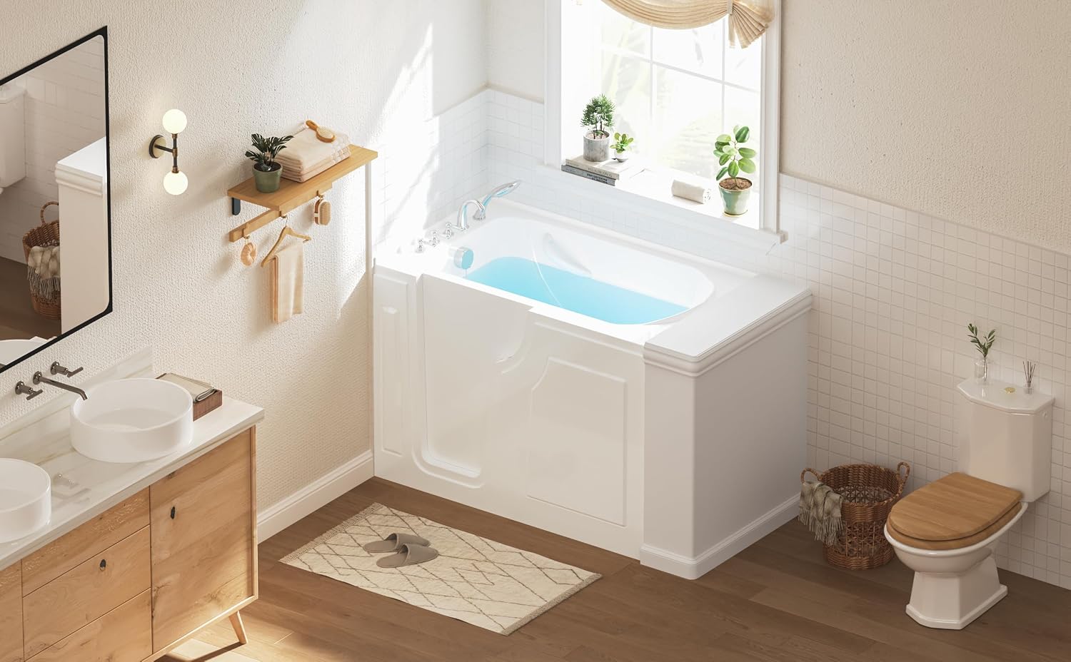 FerdY 55' x 33' Walk-in Bathtub with Left-Side Door Opening, Quick Fill and Drain System, Shower Combo with Rectangular Soaking Bathtub in White, Floridian