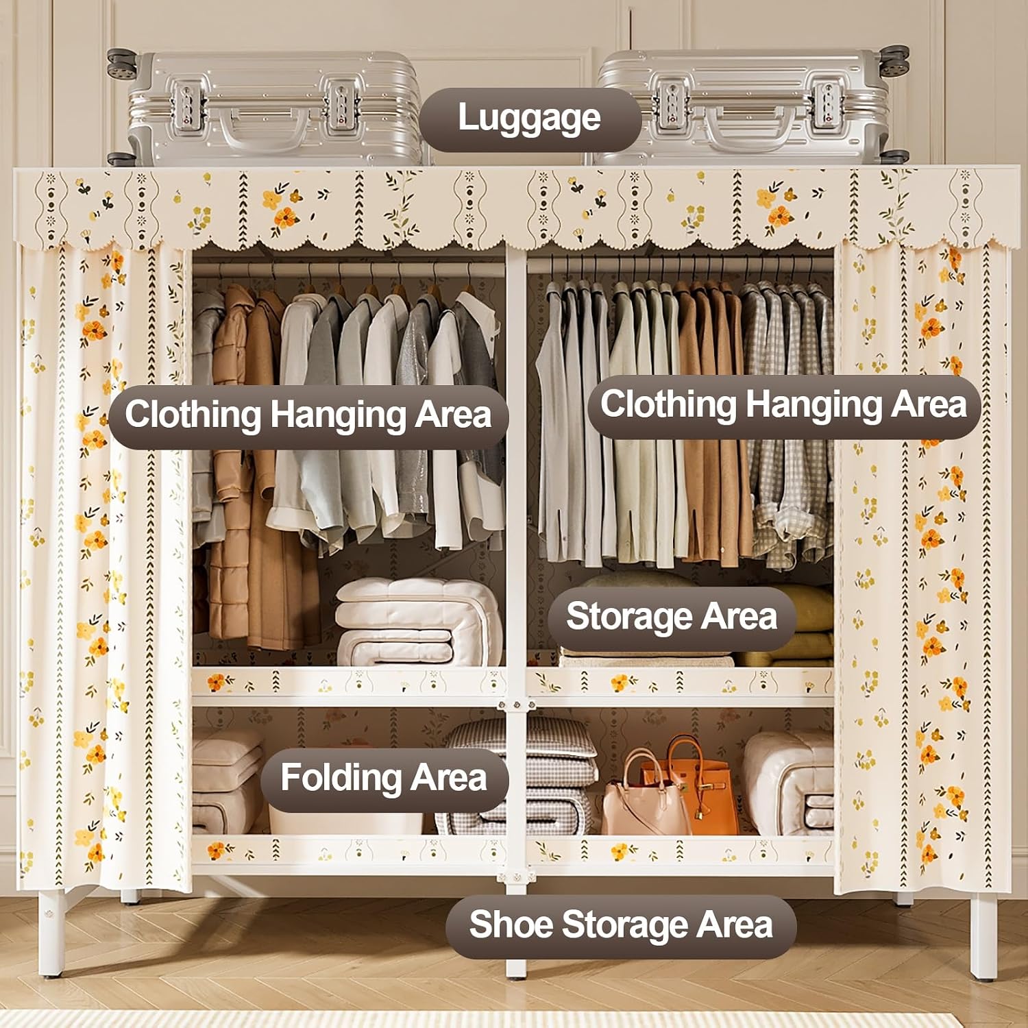 Foldable Wardrobe Closet With Cover, Metal Garment Rack, One-Piece Folding Base, Steel Tube Clothes Rack For Hanging Clothes, Curtain Clothing Organizer For Bedroom(Yellow1,130x170x50cm)