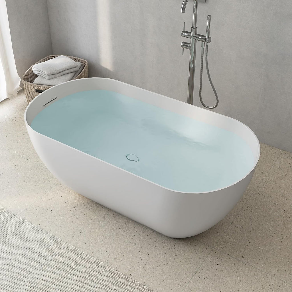 51' Stone Resin Freestanding Bathtub, Small Free Standing Tub, Solid Surface Bathroom Soaking Tub, Stand Alone Tubs with Integrated Slotted Overflow and Pop-up Drain, White 307-130