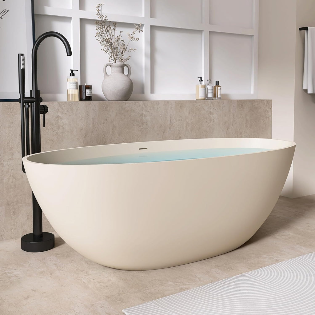 65' Freestanding Bathtub Tubs Resin Stone, Solid Surface Free Standing Tub, Oval Sorker Tub Bathtubs with Overflow and Pop up Drain, Latte Color303-165