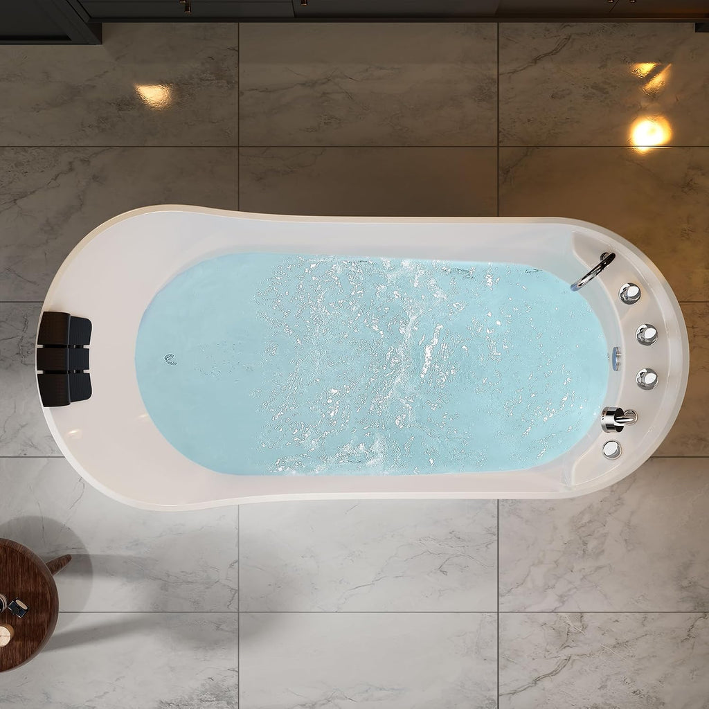 Empava 67 in. Acrylic Freestanding Bath Tub Hydromassage Gracefully Oval Shaped 7 Water Jets Soaking SPA, Single-Ended Massage Bathtubs with Pillow, ETL Certified