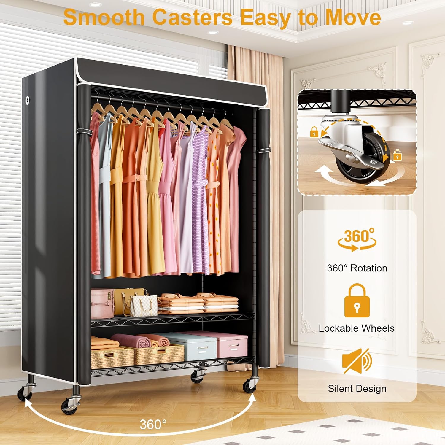ULIFHOME P6C Plus & P6C Rolling Clothes Rack with Cover, Covered Clothing Rack Heavy Duty, Portable Closet for Hanging Clothes, Garment Rack on Wheels, Black Closet Rack with Black Cover