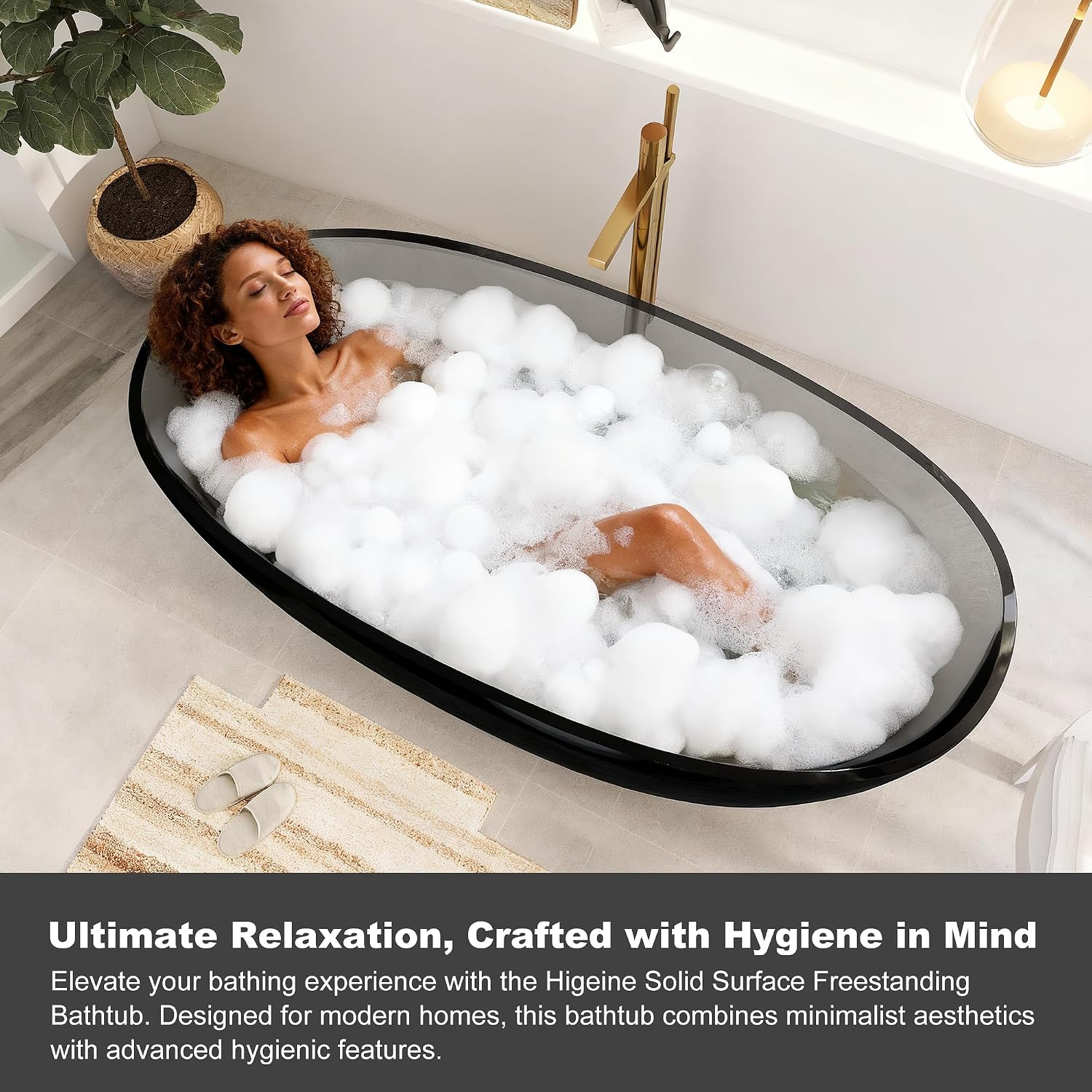 71' Premium Solid Surface Freestanding Bathtubs, Upgraded Transparent Dark Grey Oval Resin Soaking Tub with Pop-up Drain