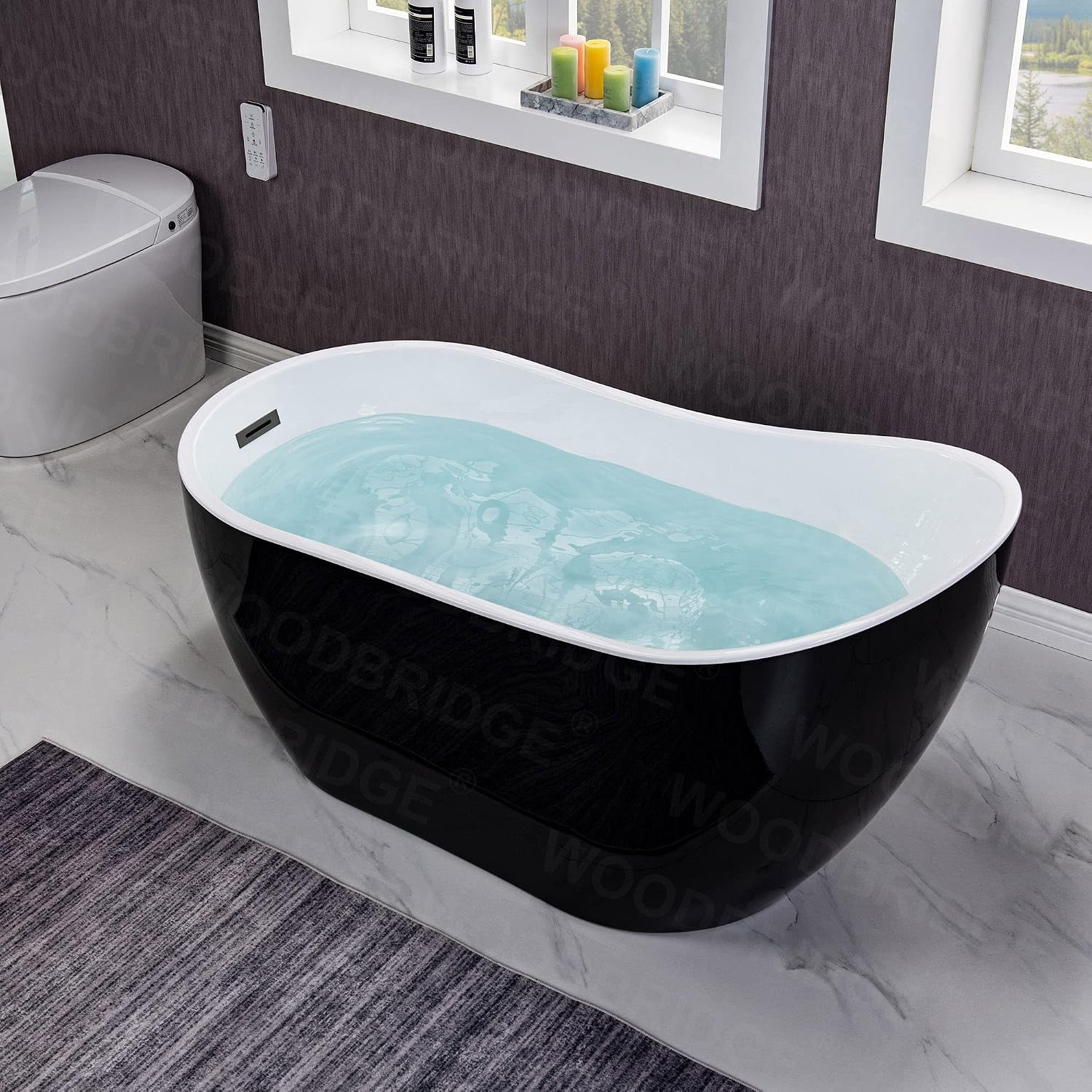 WOODBRIDGE 54' Freestanding White Acylic Soaking Bathtub with Matte Black Drain and Overflow,Black,B1807-MB
