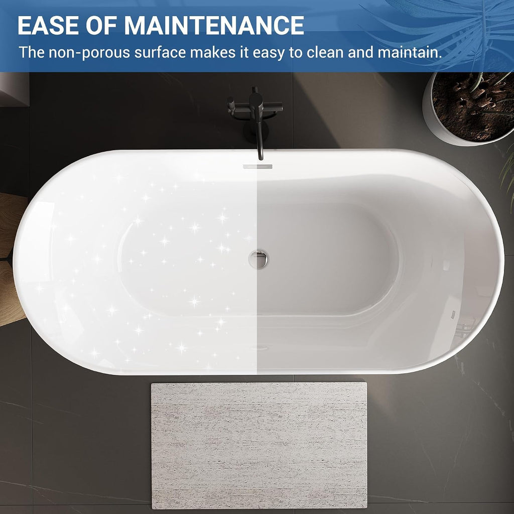 GarveeHome 59' Freestanding Bathtub, Acrylic Soaking Tub with Overflow, Matte Silver Drain, Modern Stand Alone Tub, Deep Free Standing Bath Tub for Bathroom, Hotel, Easy Install, CUPC Certified, White