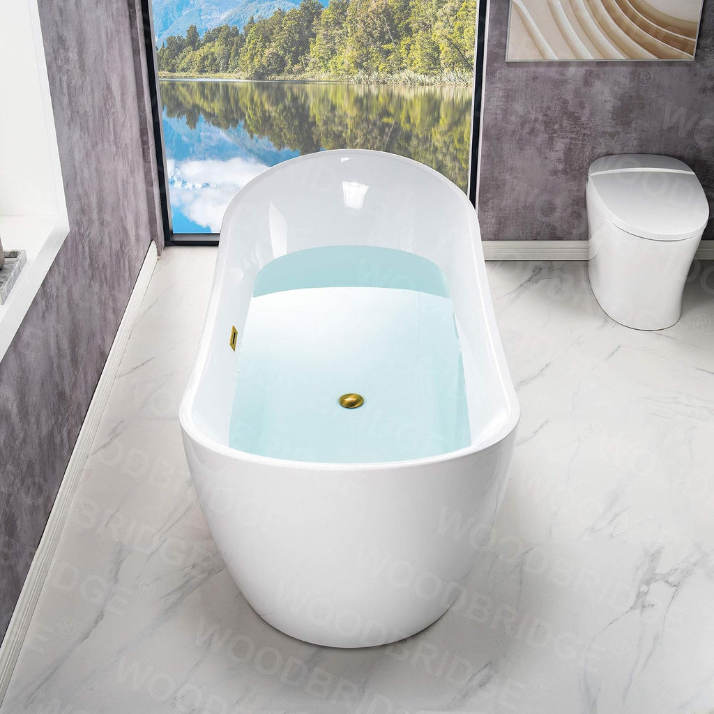 WOODBRIDGE 71' Acrylic Freestanding Bathtub Contemporary Soaking White Tub with Brushed Gold Overflow and Drain,B0017-BG