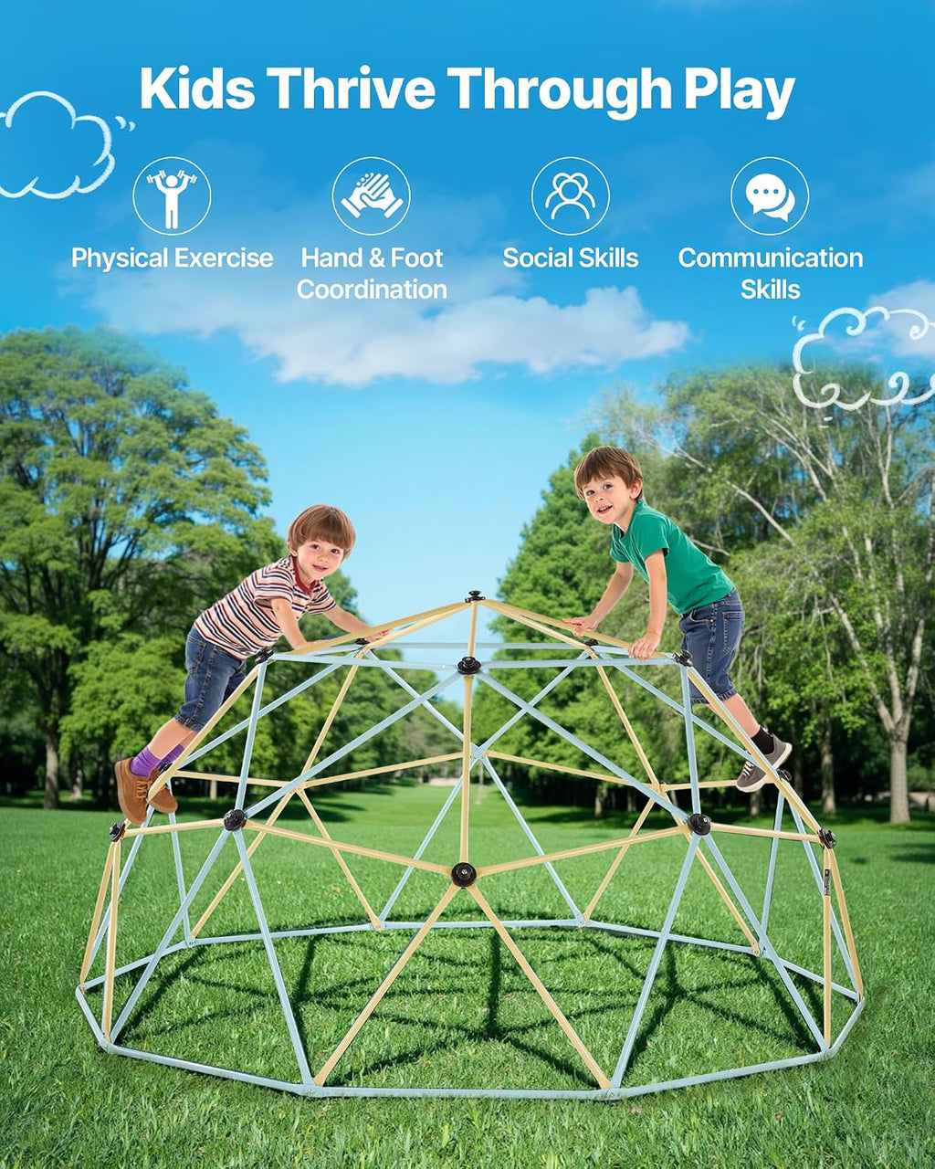 VEVOR Climbing Dome, 10FT Geometric Dome Climber, 1000LBS Loading Jungle Gym Playground with 2 Basketballs & Octopus Net, Easy-Assembly Outdoor Backyard Climbing Equipment for Kids 3 to 10 Years Old