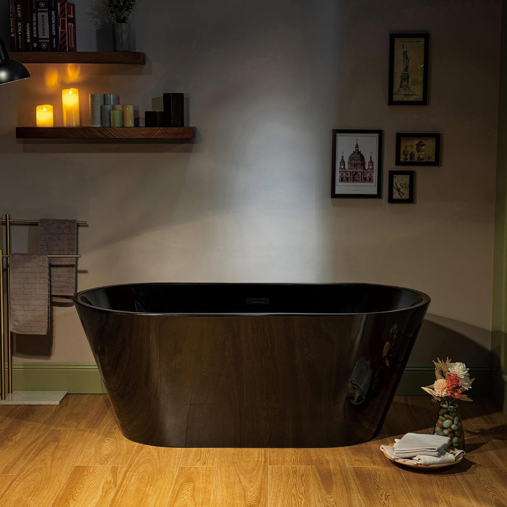 WOODBRIDGE 59' L x 29-1/2' W Freestanding Contemporary Soaking Bathtub with Matte Black Drain & Overflow, Black, B8814-MB