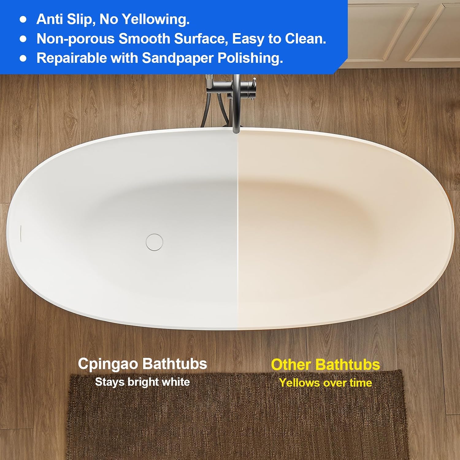 Cpingao 55' Stone Resin Freestanding Bathtub, Oval Contemporary Soaking Tubs, Solid Surface Stand Alone Tub with Drain & Integrated Slotted Overflow Matte White 8845-1400