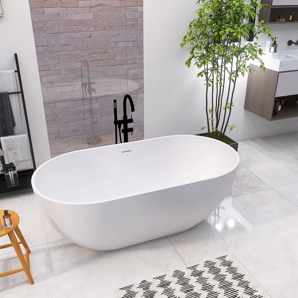 59 Inch Freestanding Bathtub Oval Shaped Solid Surface Resin Stone soaker Freestanding Tubs Matte White Soaking Tub with Overflow and Pop-up Drain (white)307-1500