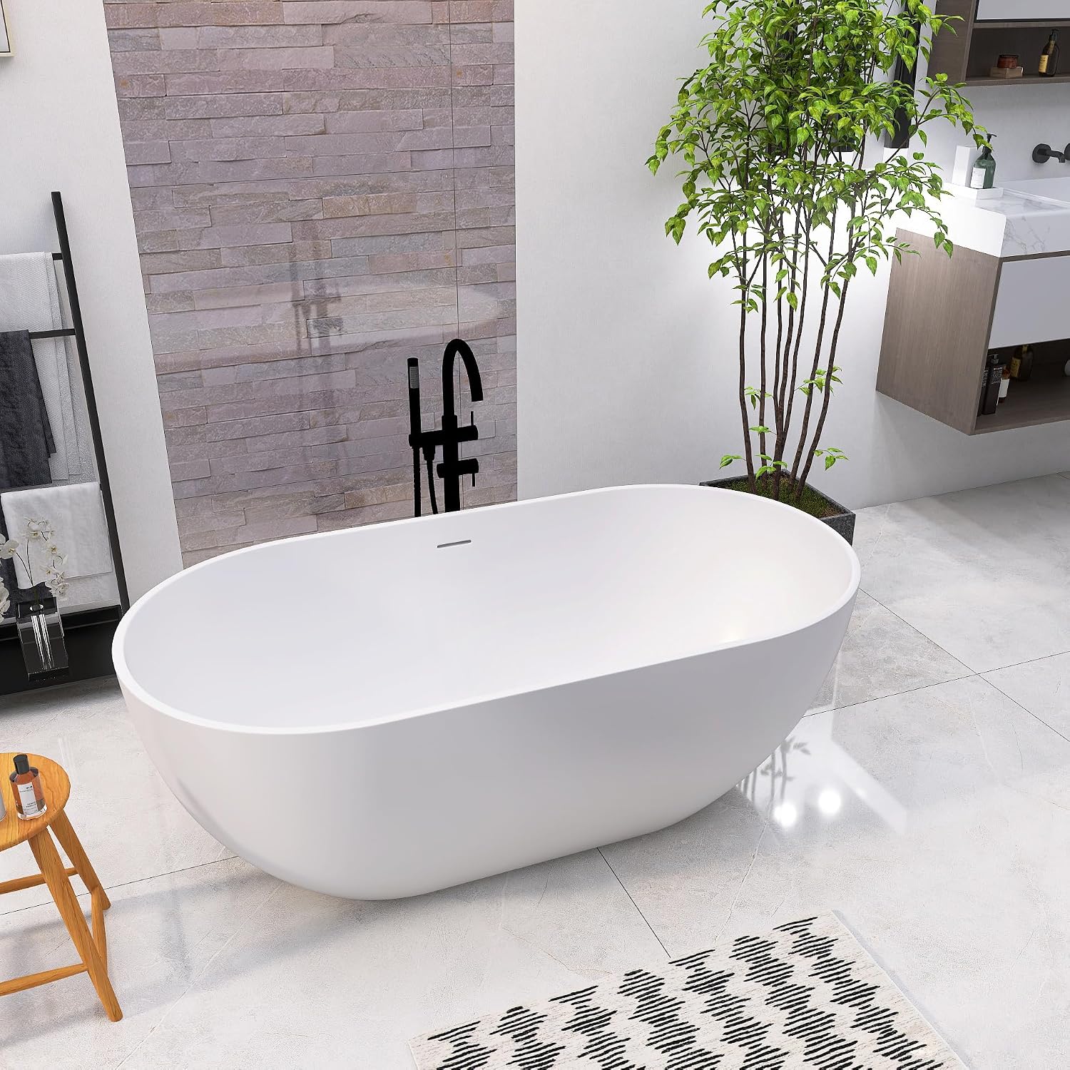 59 Inch Freestanding Bathtub Oval Shaped Solid Surface Resin Stone soaker Freestanding Tubs Matte White Soaking Tub with Overflow and Pop-up Drain (white)307-1500