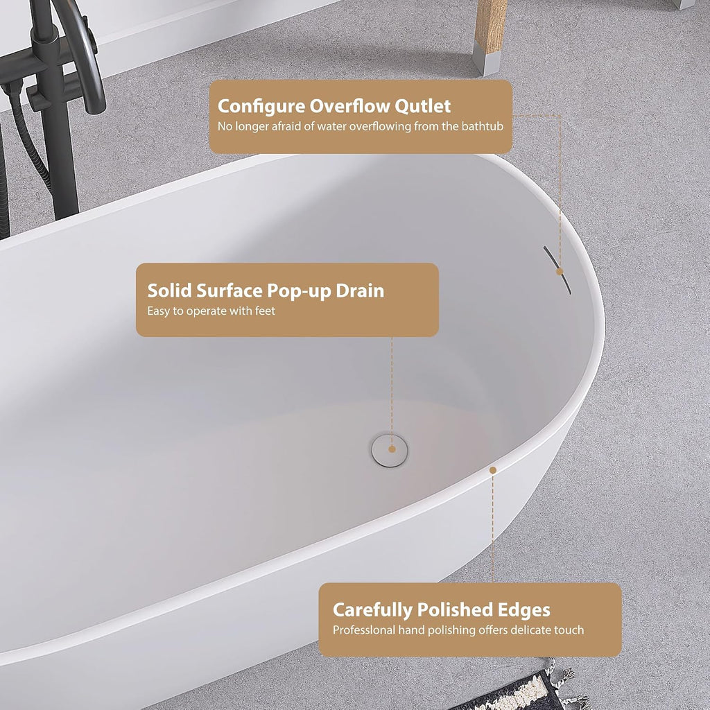 SJ STAR&JANE 47' Solid Surface Freestanding Bathtub Modern Stone Resin Oval Soaking Tub with Side Drain in Matte White