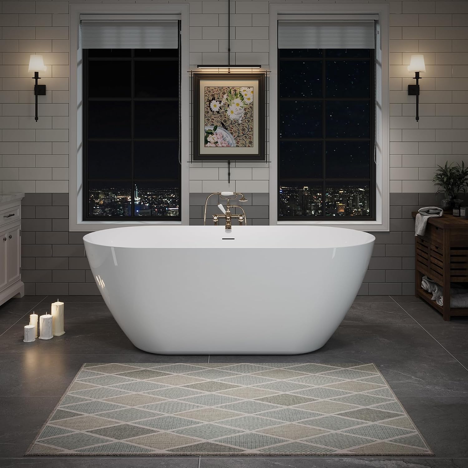 60' Acrylic Freestanding Bathtub, Oval Deep Soaking Bathtub with Center Pop up Drain Integrated Overflow, Stand Alone Bath Tub for Bathroom Spa or Home Upgrade, Glossy White GF 26A09 60