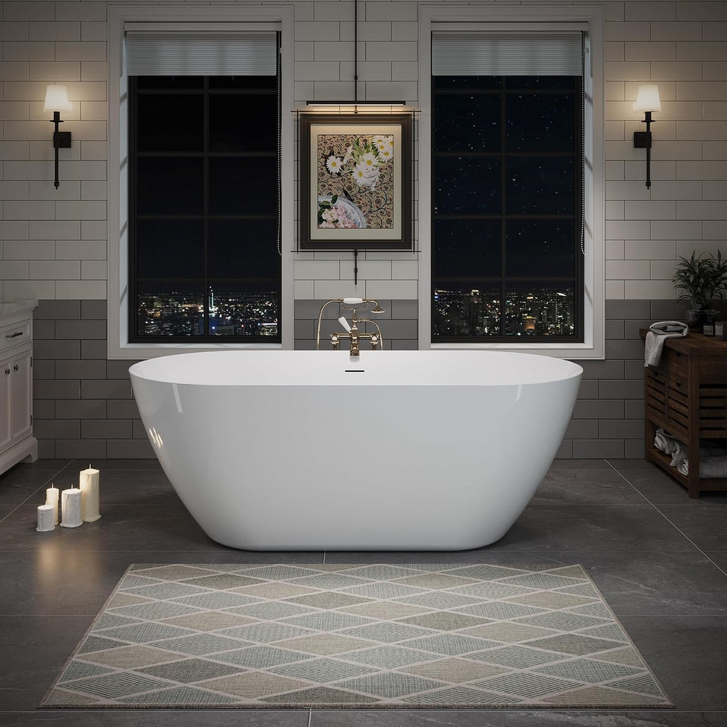 Abruzzo 60' Glossy White Acrylic Freestanding Bathtub | 60-inch cUPC certified oval deep soaking tub. Features pre-installed center drain and built-in adjustable feet