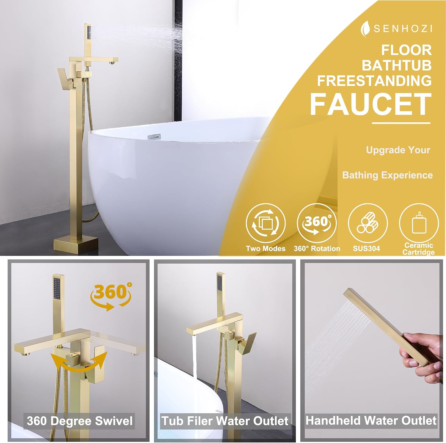 Freestanding Bathtub Faucet Brushed Gold, Floor Mounted Tub Filler Tub Faucet, 304 Stainless Steel Free Standing Tub Faucets with Hand Shower, SE-3003-BG