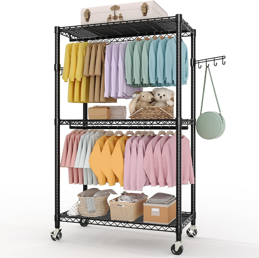 3-Tier Rolling Garment Rack, Heavy Duty Clothing Organizer with Adjustable Shelves & Dual Hanging Rods, Freestanding Metal Rack with Locking Casters for Bedroom, Closet, Dorm, Laundry Room - Black