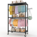 3-Tier Rolling Garment Rack, Heavy Duty Clothing Organizer with Adjustable Shelves & Dual Hanging Rods, Freestanding Metal Rack with Locking Casters for Bedroom, Closet, Dorm, Laundry Room - Black