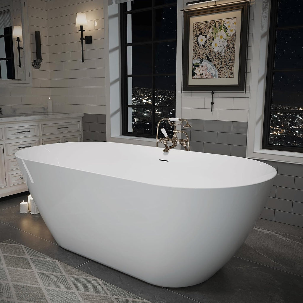 ABRUZZO 63' Acrylic Freestanding Bathtub - Oval Deep Soak Tub, Center Drain & Overflow, cUPC Certified Glossy White