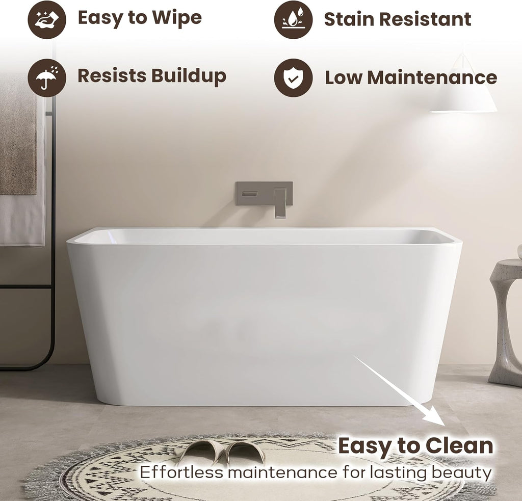 SJ STAR&JANE 55 Inch Acrylic Freestanding Bathtub,Modern Back to Wall Soaking Tub, Stand alone Acrylic Tub Integrated Center Drain & Overflow, Glossy White