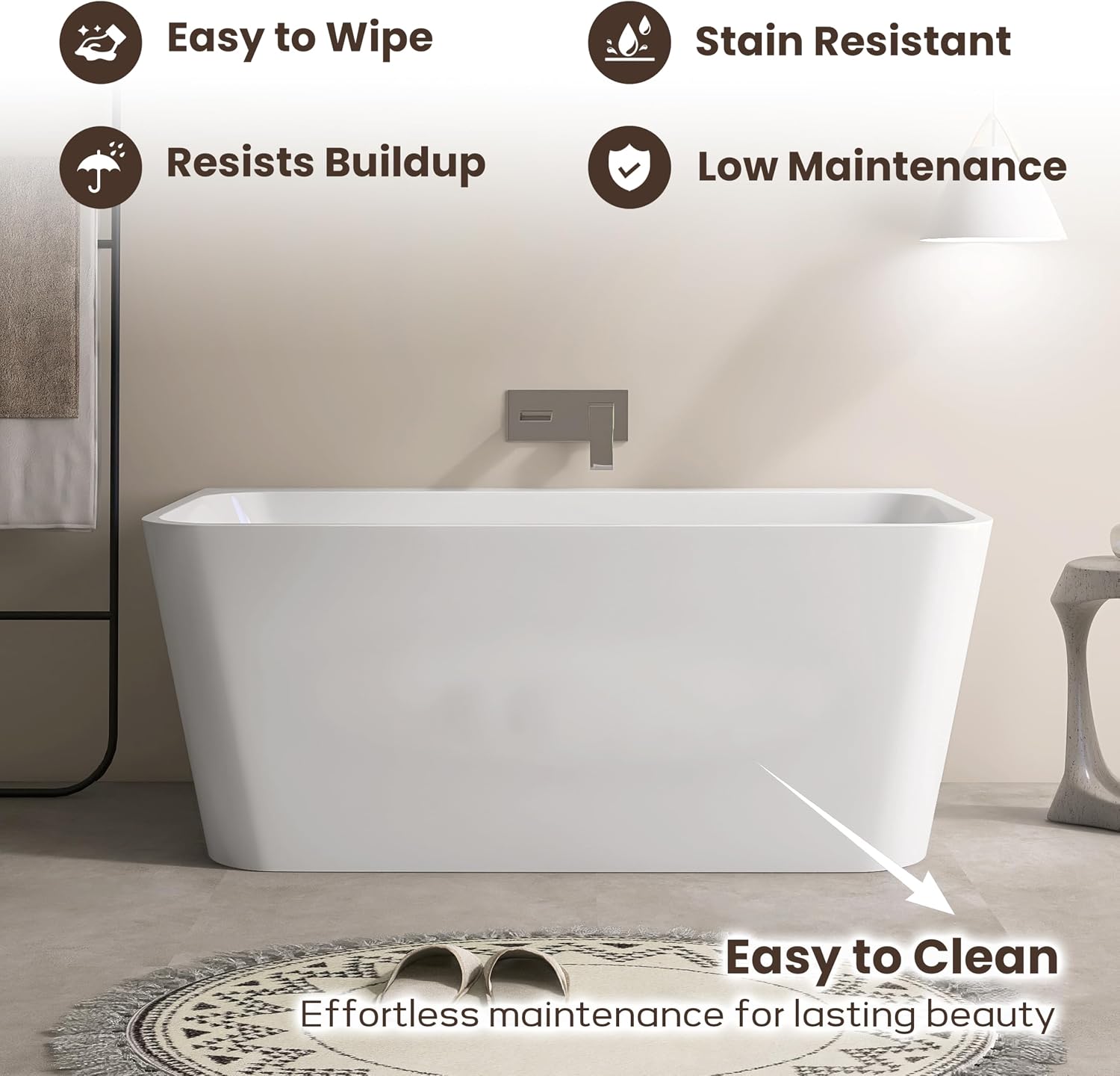 SJ STAR&JANE 55 Inch Acrylic Freestanding Bathtub,Modern Back to Wall Soaking Tub, Stand alone Acrylic Tub Integrated Center Drain & Overflow, Glossy White