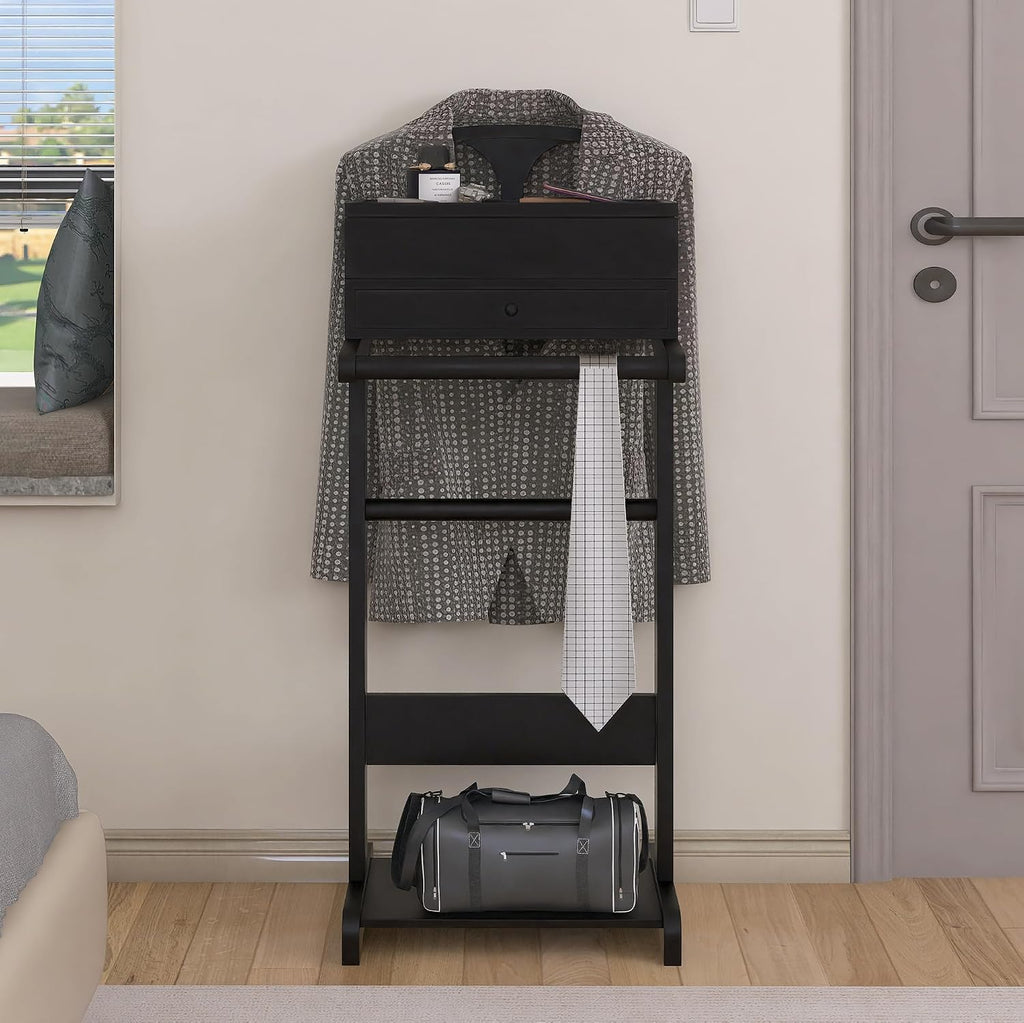 Wooden Valet Stand for Men, Clothing Rack with Drawer, Coat Hanger, Tray, Rods, Shoe Shelf, Women Garment Valet for Bedroom, Living Room, Office, Entryway, Black