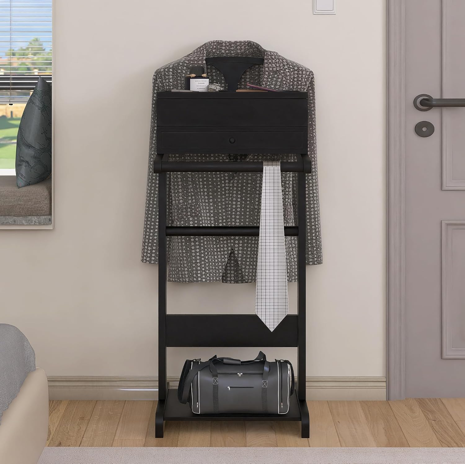 Wooden Valet Stand for Men, Clothing Rack with Drawer, Coat Hanger, Tray, Rods, Shoe Shelf, Women Garment Valet for Bedroom, Living Room, Office, Entryway, Black