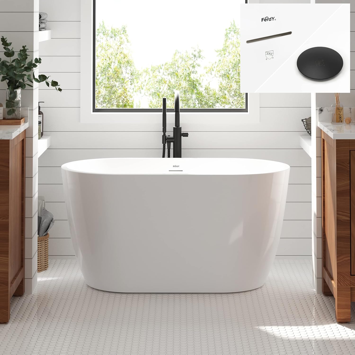 FerdY 47' Bali Acrylic Freestanding Bathtub, Gracefully Shaped Freestanding Soaking Bathtub, cUPC Certified, Toe-Tap Matte Black Drain& FerdY Bath Pillow for Bathtub,Thick Tub Pillows