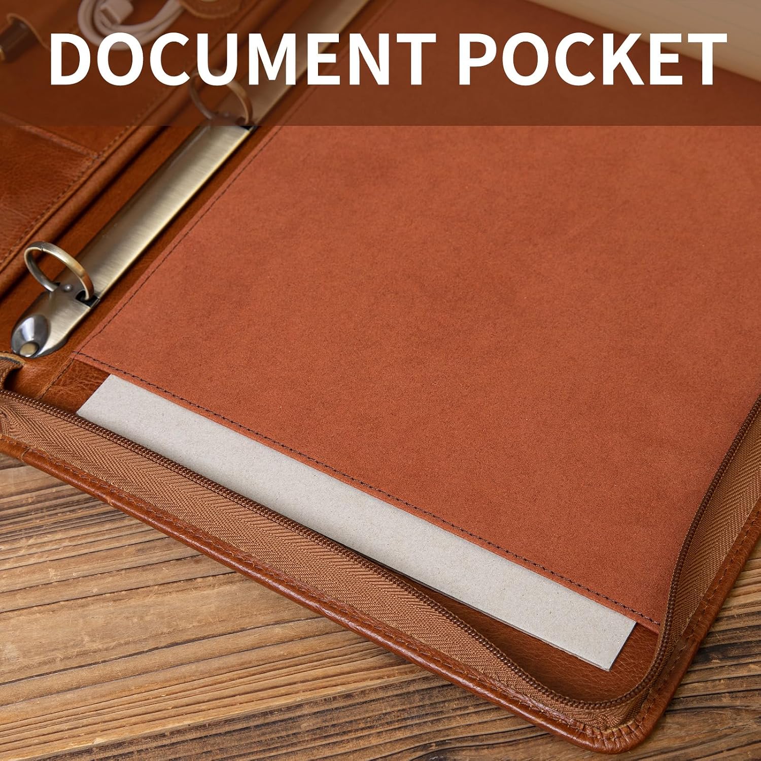 YIWEN Personalized Leather 3 Ring Binder Portfolio with Front Pocket, Zippered Padfolio for 8.5 x 11' Notepad and 13' Tablet, Professional Business Travel Organizer (Brown, Oil Wax Leather)