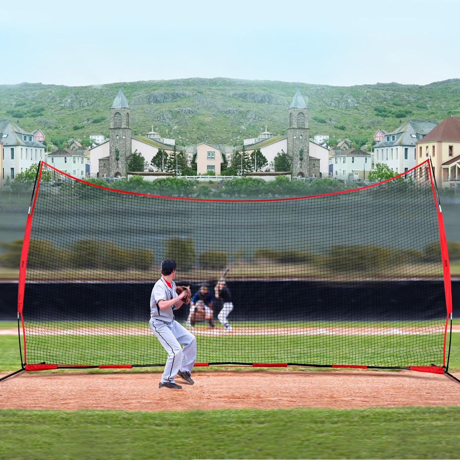 VEVOR 7X7ft/12X9ft/16X10ft/20x10ft Barricade Backstop Net, Ball Sports Barrier Netting, Portable Practice Net for Baseball Softball Lacrosse Hockey Basketball Equipment Training Net