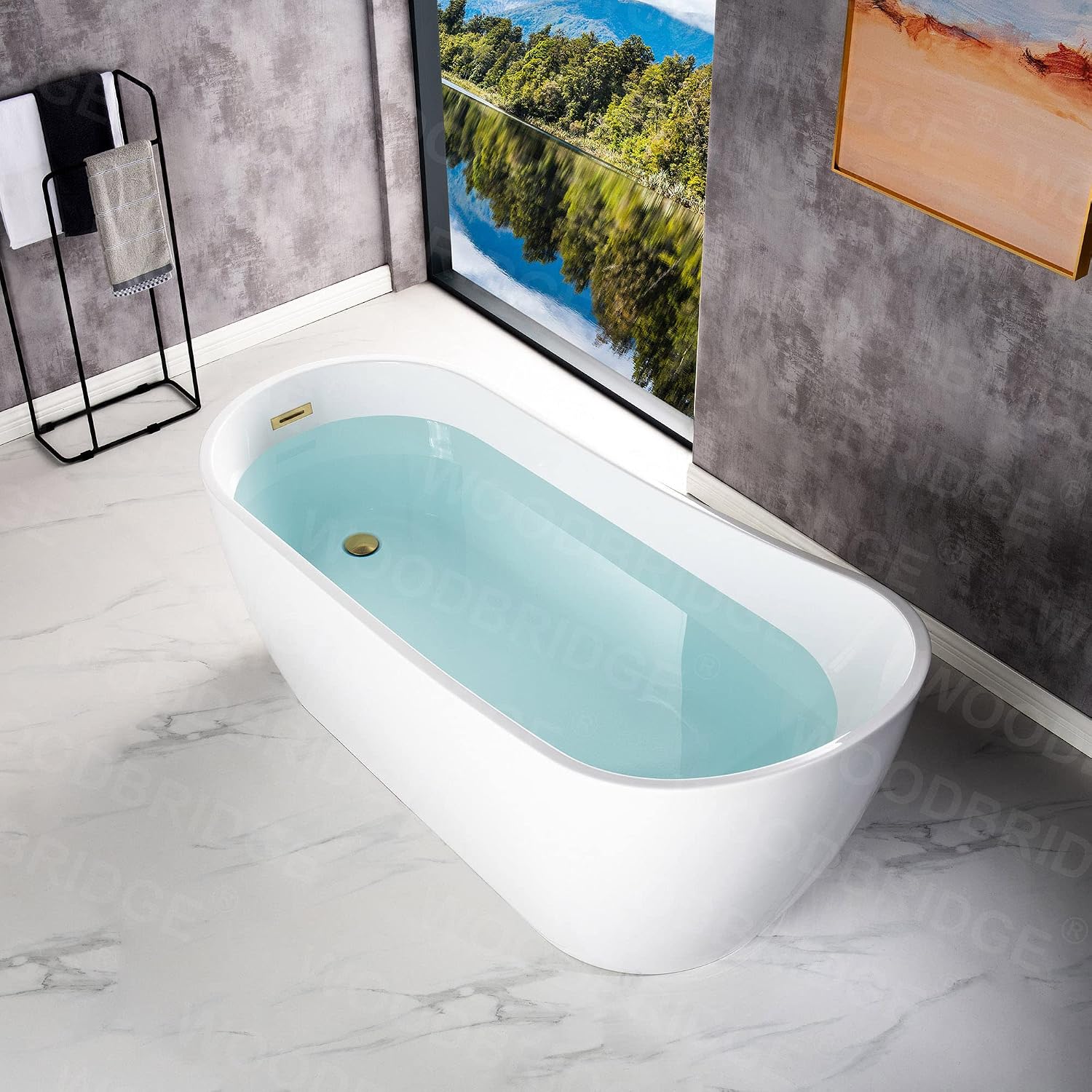 WOODBRIDGE 67'Freestanding White Acylic Soaking Bathtub with Brushed Gold Drain and Overflow,BTA1508 -BG-Drain &O