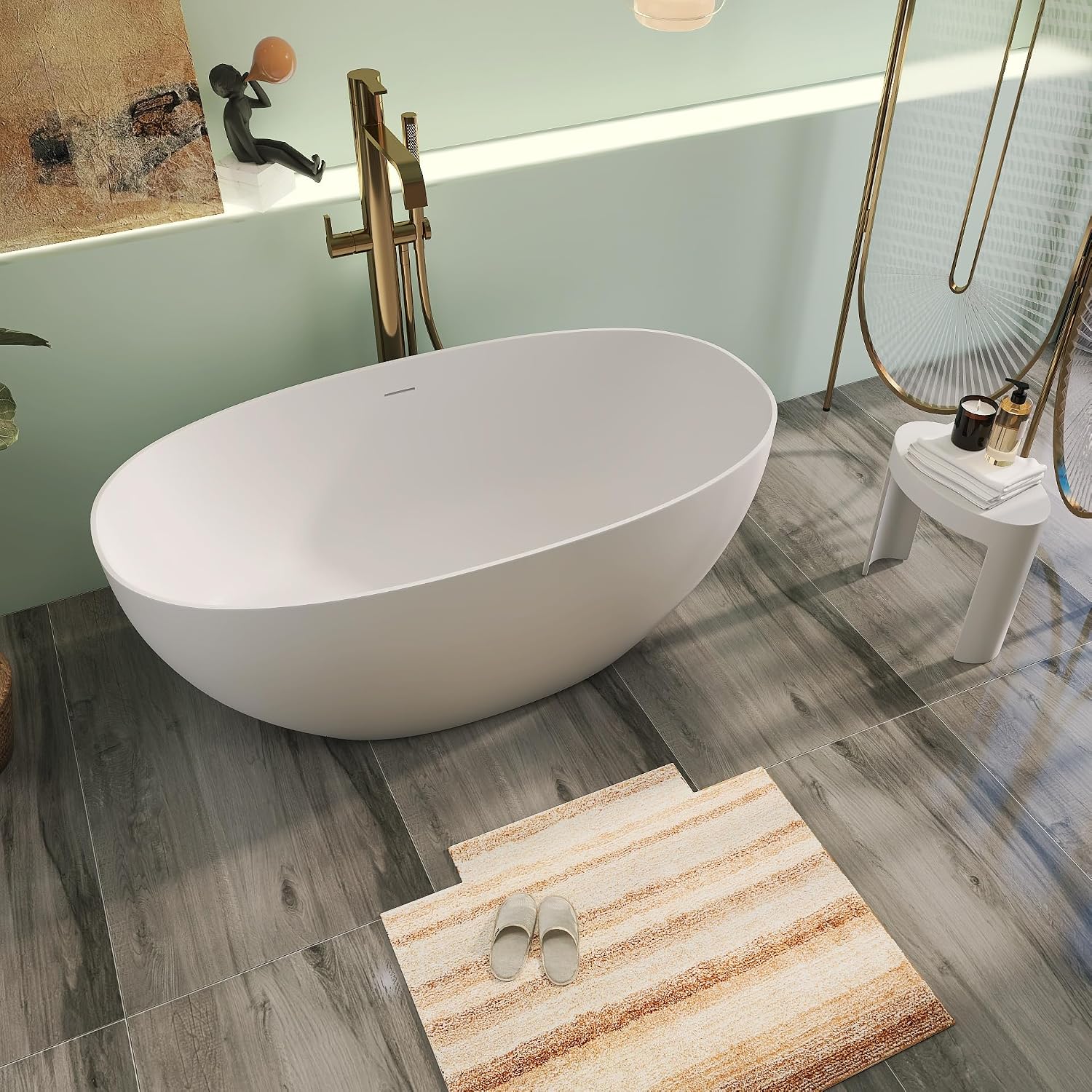 59' Premium Solid Surface Freestanding Bathtubs, Upgraded Matte White Modern Design Stand Alone Stone Resin Tub with Overflow and Pop-up Drain
