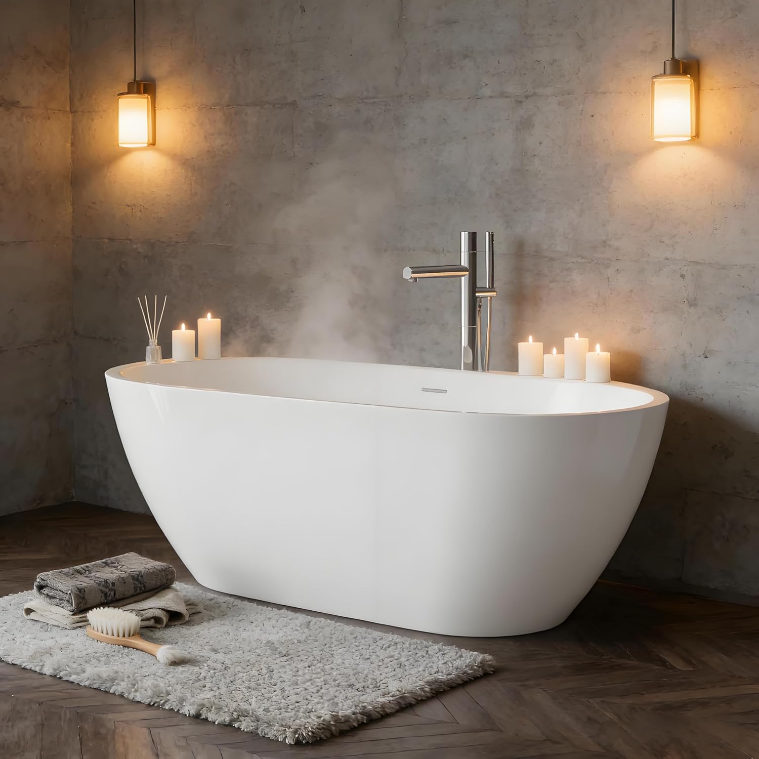 59' Acrylic Freestanding Bathtub, Modern Deep Soaking Tub, cUPC Certified Free Standing Tub, Chrome Drain/Overflow, White Acrylic, Flora White