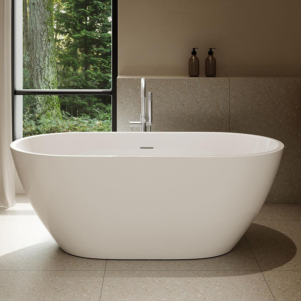 OVE Decors Ayago 59 in. Solid Surface Freestanding White Acrylic Soaking Bathtub, with Overflow and Satin Nickel Pop-up Drain