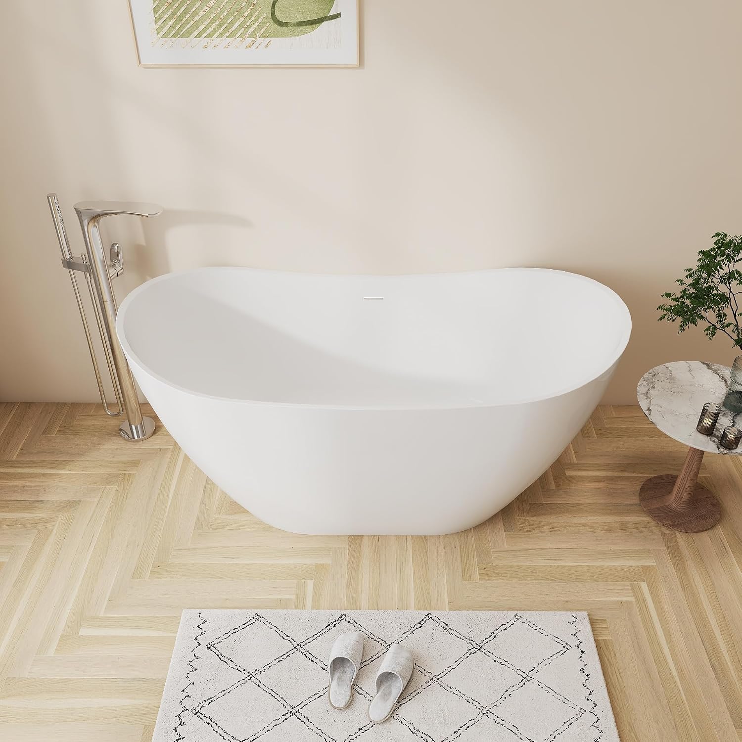 60' Premium Modern Stand Alone Freestanding Bathtubs, Upgraded Acrylic Oval White Soaking Bathroom Tub with CUPC Drain