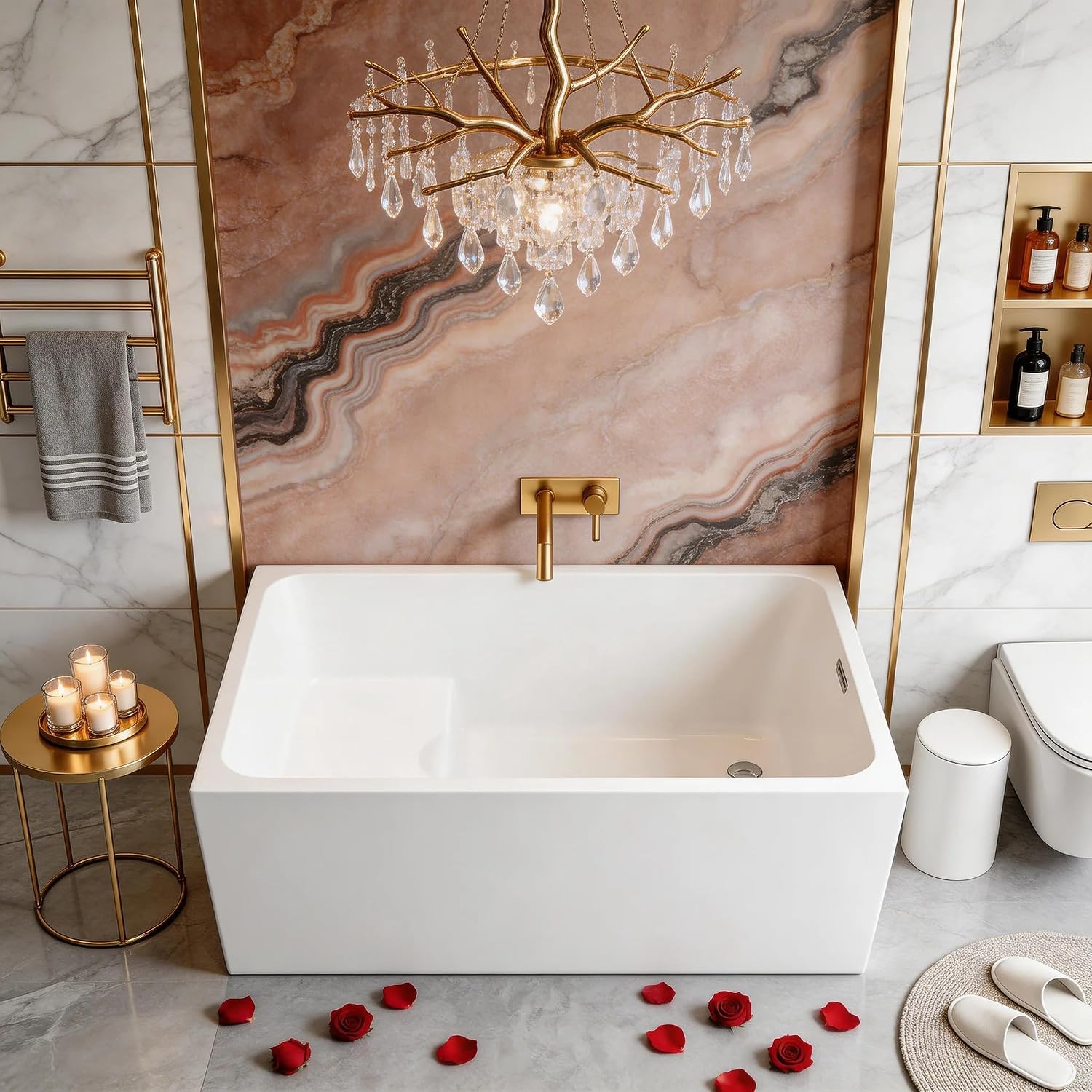 43' Acrylic Freestanding Bathtub with Seat,Deep Bathtub,Rectangle Soaking Tub with Chrome Overflow & Pop-Up Drain, CUPC Certified for Small Bathrooms