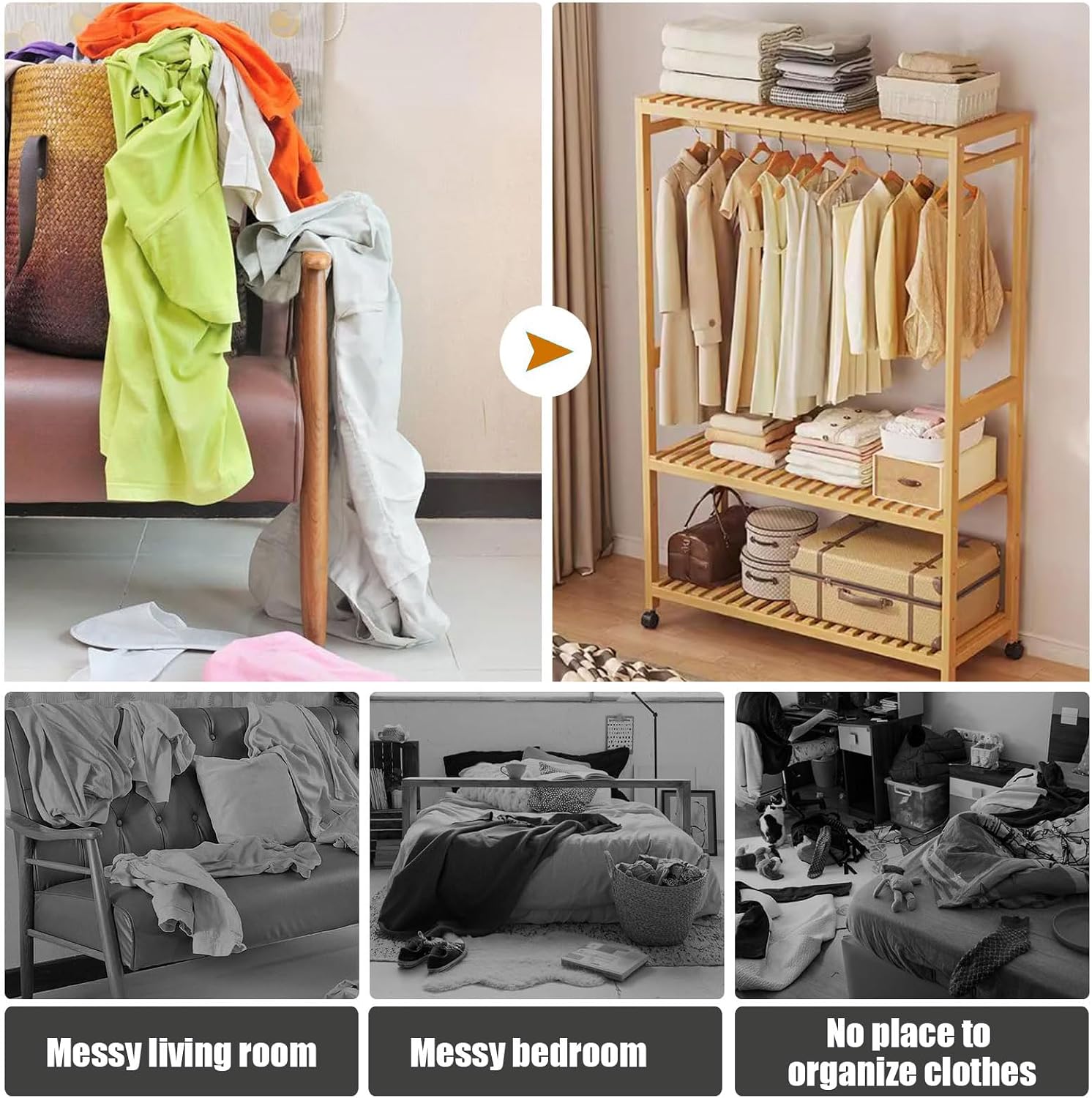 Bamboo Clothing Rack on Wheels, Rolling Clothes Rail Rack with Adjustable Storage Shelves and Hanging Rails, Free Standing Garment Rack for Bedroom Living Room