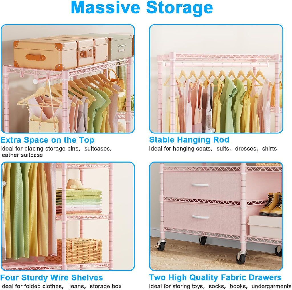 Ulif F3R Heavy Duty Clothes Rack（With Lockable Wheels）Freestanding Clothing Racks for Hanging Clothes，Adjustable Closet Organizer System，Portable Garment Rack 40'W x 15'D x 74'H，Max Load 700LBS，Pink