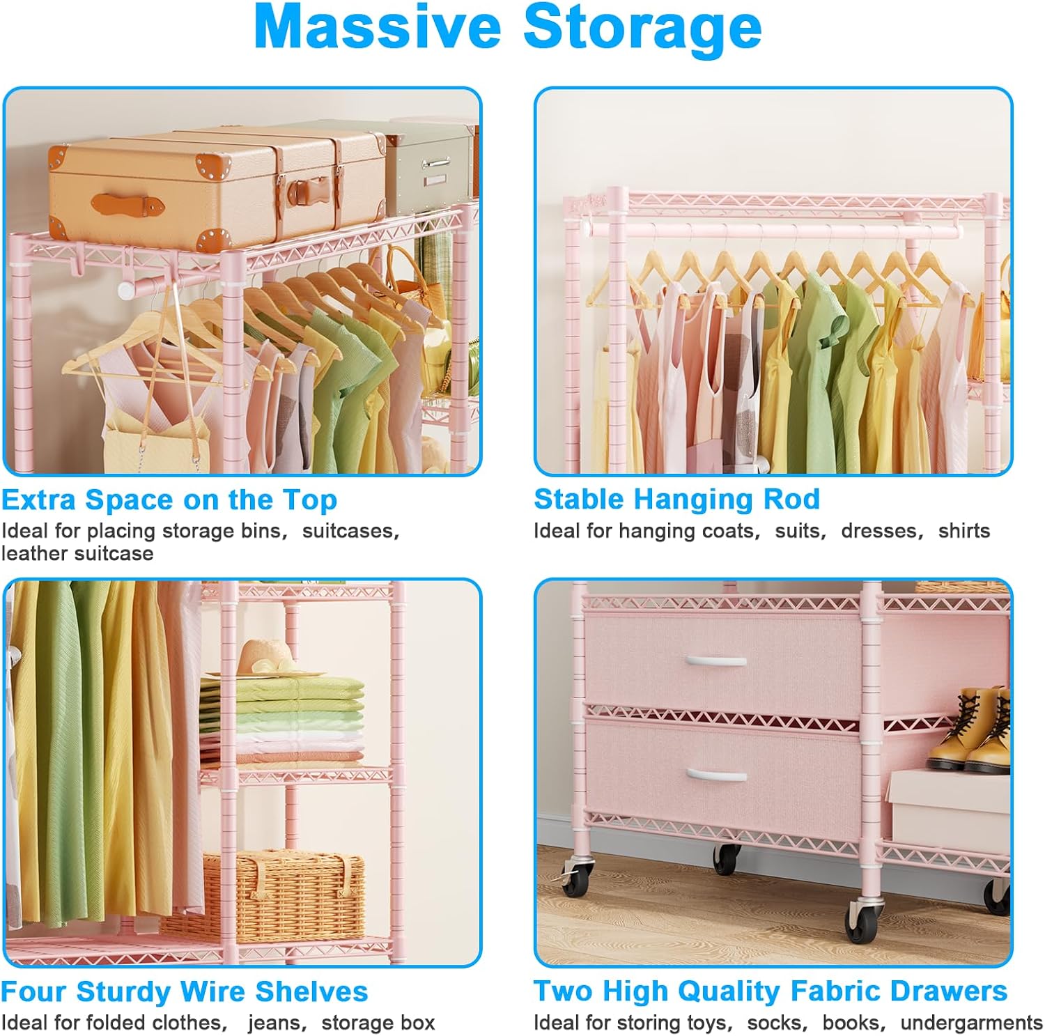 Ulif F3R Heavy Duty Clothes Rack（With Lockable Wheels）Freestanding Clothing Racks for Hanging Clothes，Adjustable Closet Organizer System，Portable Garment Rack 40'W x 15'D x 74'H，Max Load 700LBS，Pink