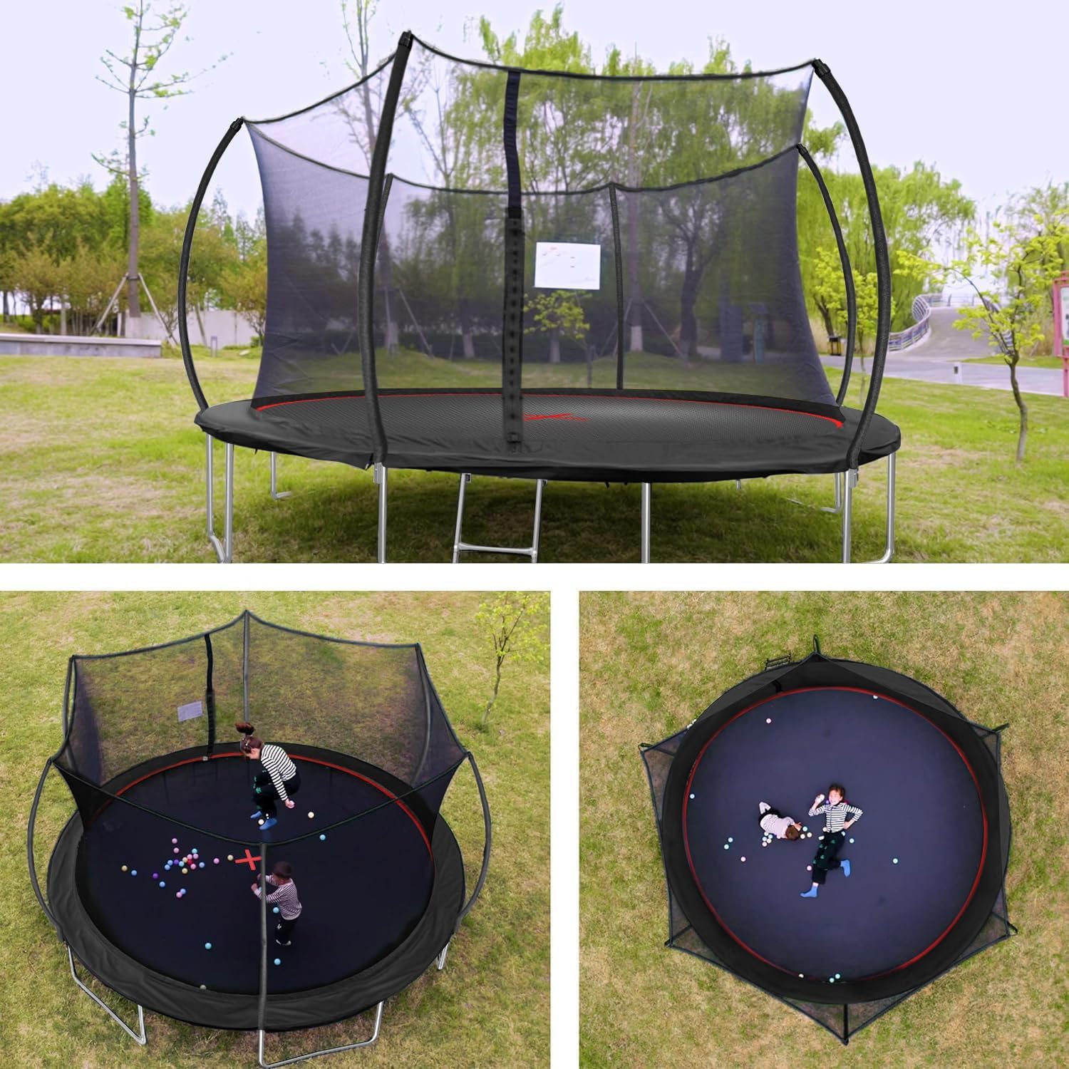 1500LBS 16FT 15FT 14FT 12 FT 10FT 8FT Tranpoline for Kids and Adults with Sprinkler, Lights with Music Speaker, Socks, Water Ball, Heavy Duty Outdoor Tranpoline with Net Enclosure and Ladder