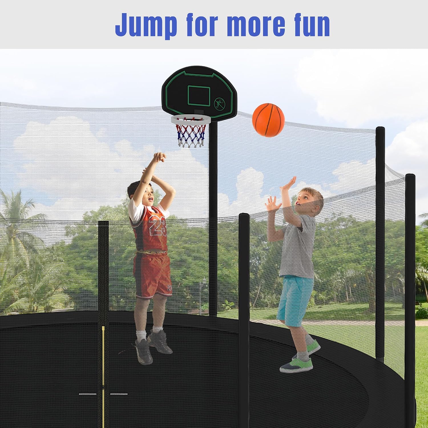 14FT Trampoline for Kids with Safety Enclosure Net, Basketball Hoop and Ladder, Round Outdoor Recreational Trampoline