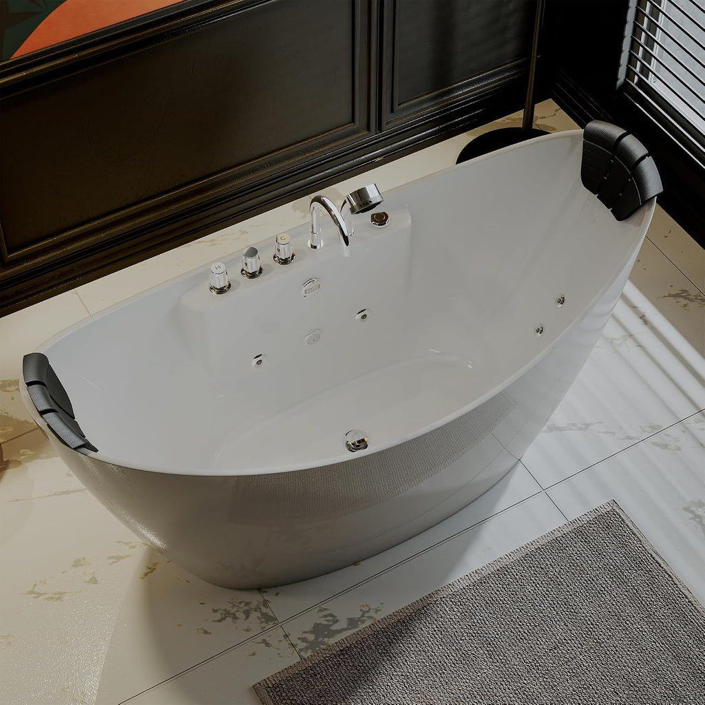 Empava 59' x 28' Freestanding Whirlpool Tub with Center Drain,560W Stand Alone Bathtub with 8 Hydromassage Jets, Unique Boat-Shaped,Acrylic,ETL Certified