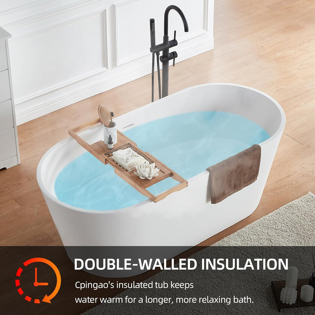 Cpingao 67' Solid Surface Freestanding Bathtub, Modern Oval Stone Resin Stand Alone Soaking Tub with Drain & Overflow, Matte White 8816-1700