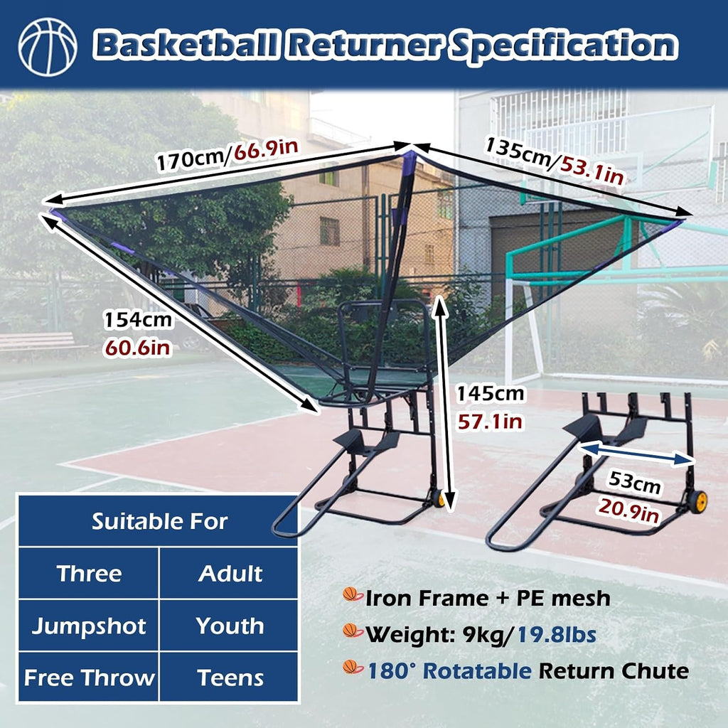 Indoor/Outdoor Basketball Return with Wheels, Portable Basketball Net Catcher with 180° Rotatable Chute, Shooting Training Rebounder System Easy to Fold