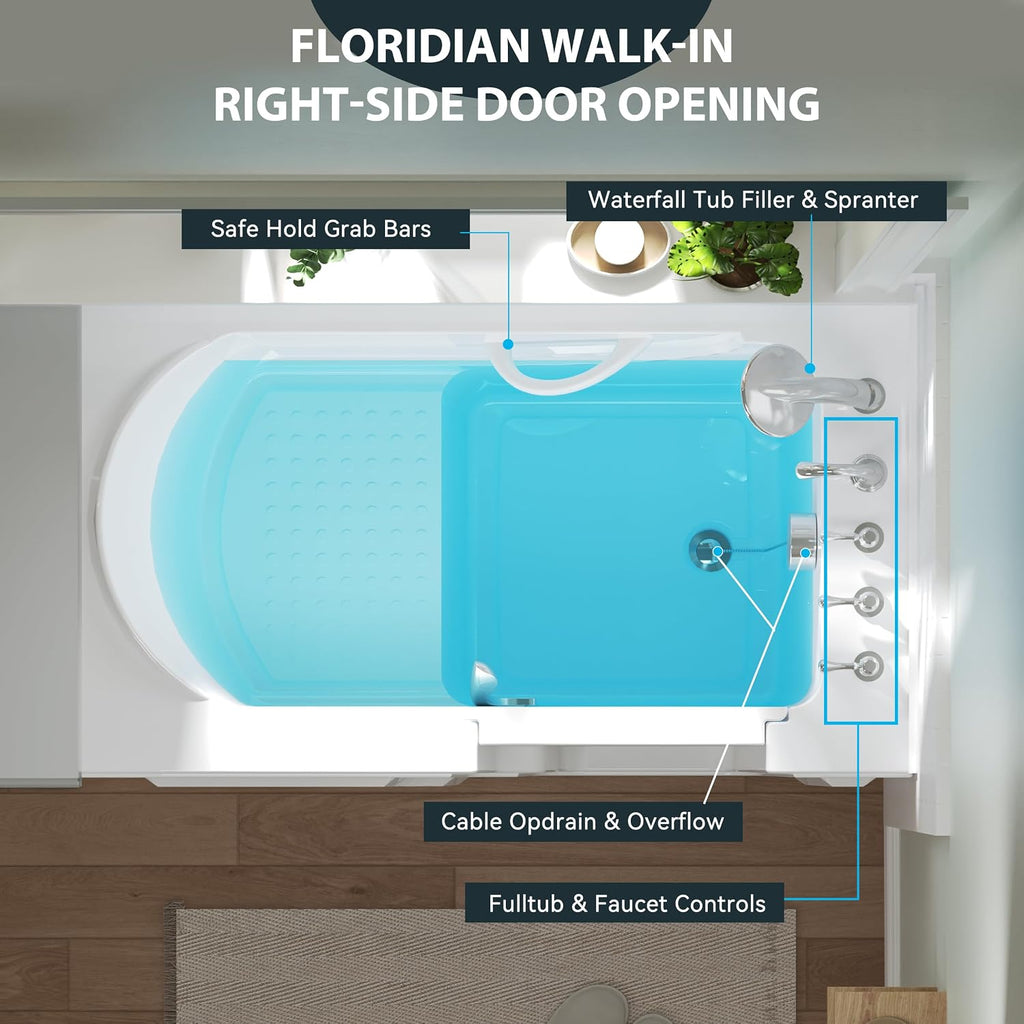 FerdY 52' x 30' Walk-in Bathtub with Right-Side Door Opening, Quick Fill and Drain System, Shower Combo with Rectangular Soaking Bathtub in White, Floridian