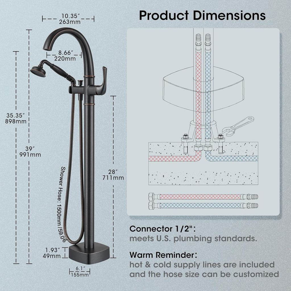 Free Standing Tub Faucet, Jabbol Premium Brass Luxury Freestanding Bathtub Faucet, Bathroom Floor Mount Tub Filler with Handheld Sprayer, Classic Roman Tub Faucets Oil Rubbed Bronze (JB-8811ORB)