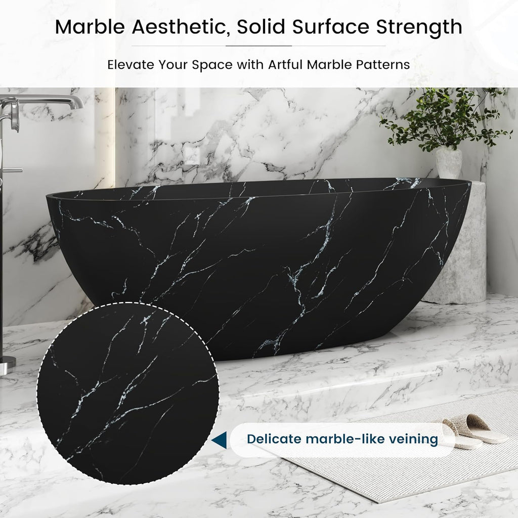 CASAINC 65' Solid Surface Freestanding Tub Marble-Look Stone Resin Freestanding Bathtub Black Soaking Tub with Overflow, Drain, Drain Hose & Sanding Paper
