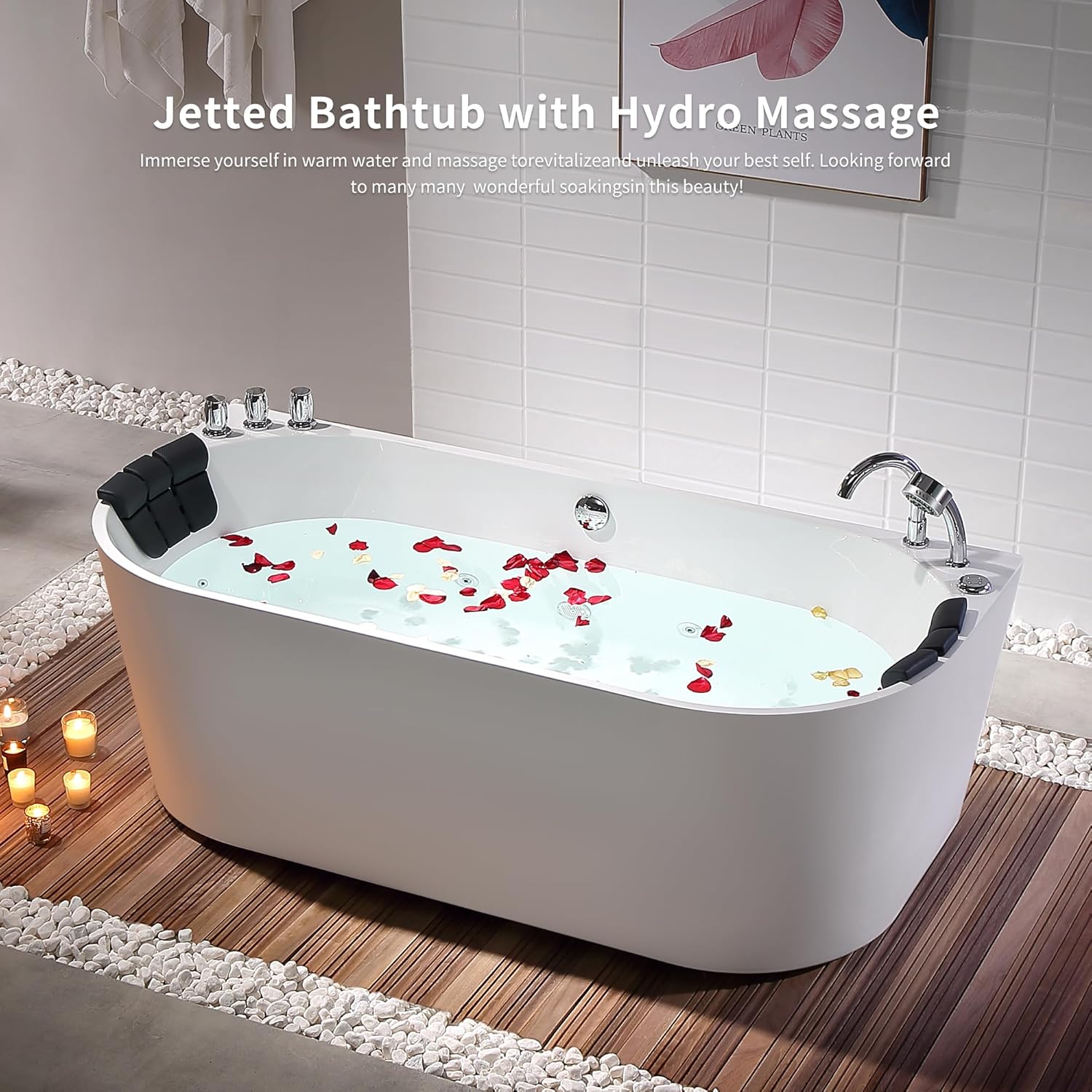 Empava 71' Freestanding Whirlpool Bathtub, Acrylic 8 Jets Hydro Massage Tub, 71' x 31', ETL Certified, Includes Handheld Shower and Waterproof Pillow