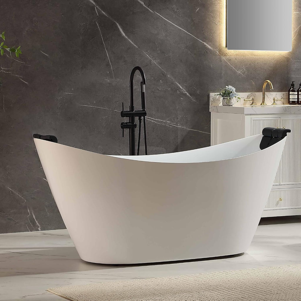 Empava Upgrade Acrylic Whirlpool Bathtub, 67-Inch Freestanding Boat Shaped Jetted Bathtub with Healing Chromotherapy, 18 Hydromassage Jet, Double-Ended Massage Bathtub with Two Black Pillows