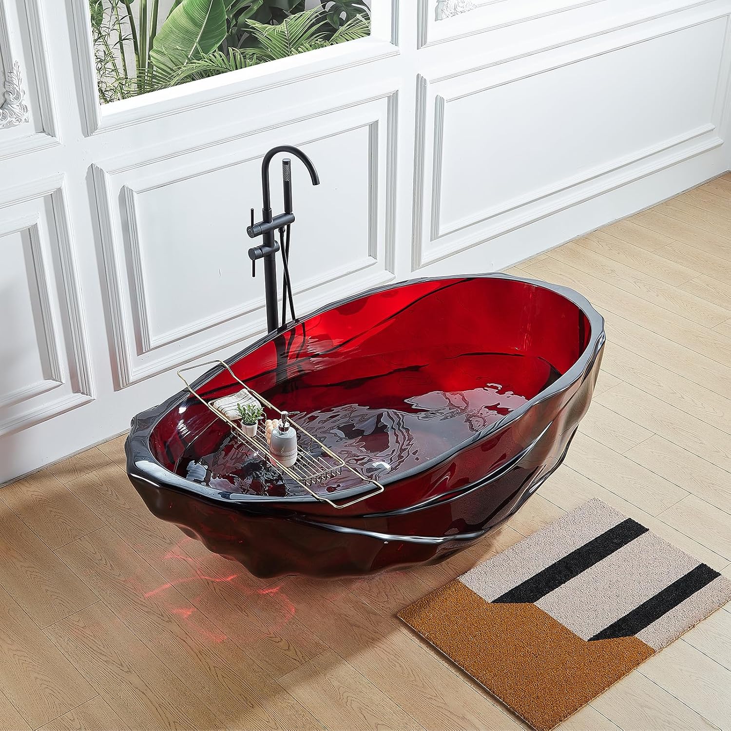 Cpingao 67' Resin Translucent Freestanding Bathtub, Modern Oval Stand Alone Tubs, Contemporary Transparent Resin Freestanding Bath 1700 MM with Drain Fiery Red 8852-1700-RED